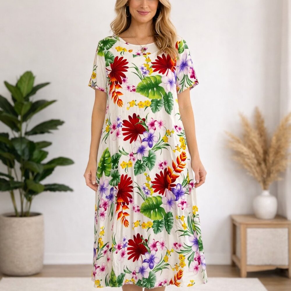 Puanani Made in Hawaii Tropical Floral Rayon Aloha Dress XL